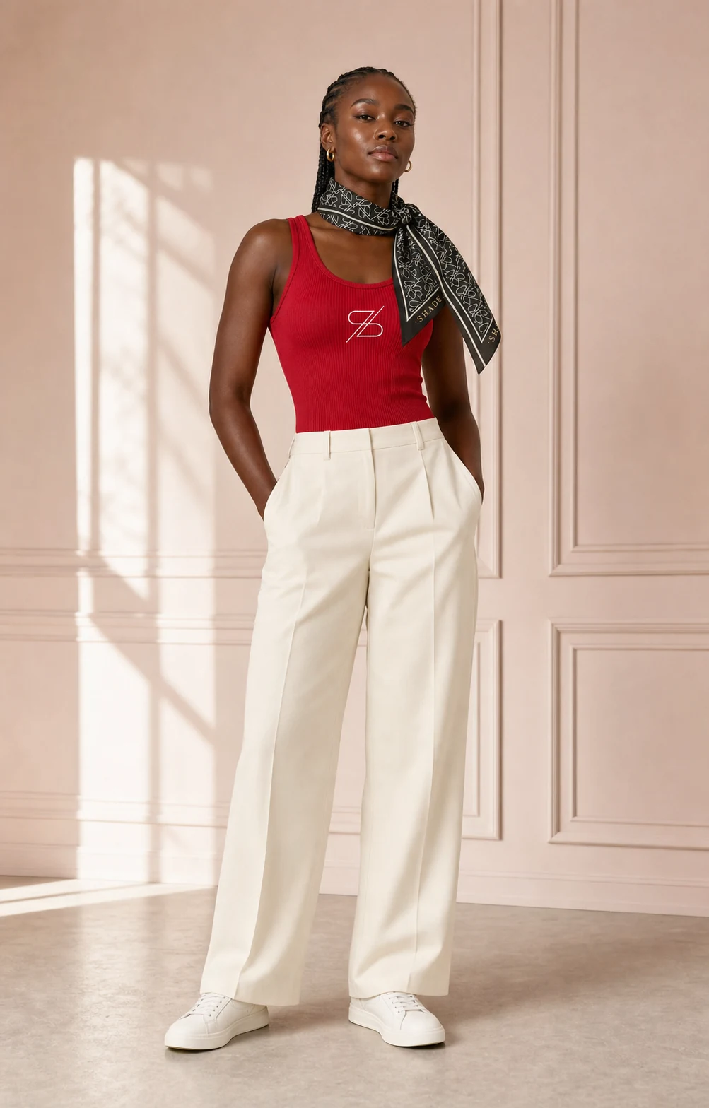 Débardeur sport rouge Shadefit porté avec le foulard noir SF Prestige et un pantalon tailleur